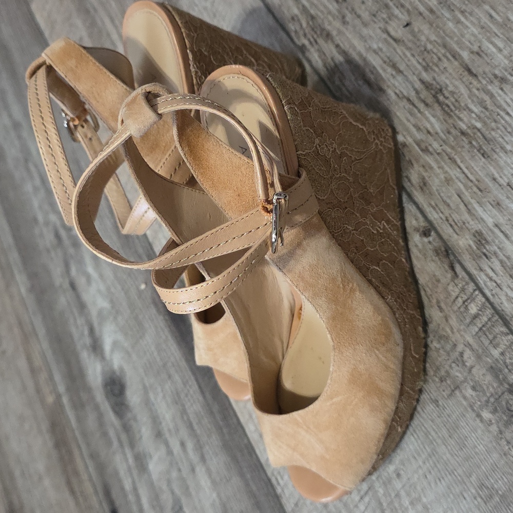 Antonio Melani Camel Tan Suede Leather Lace Wedge Heels Shoes - Picture 4 of 12